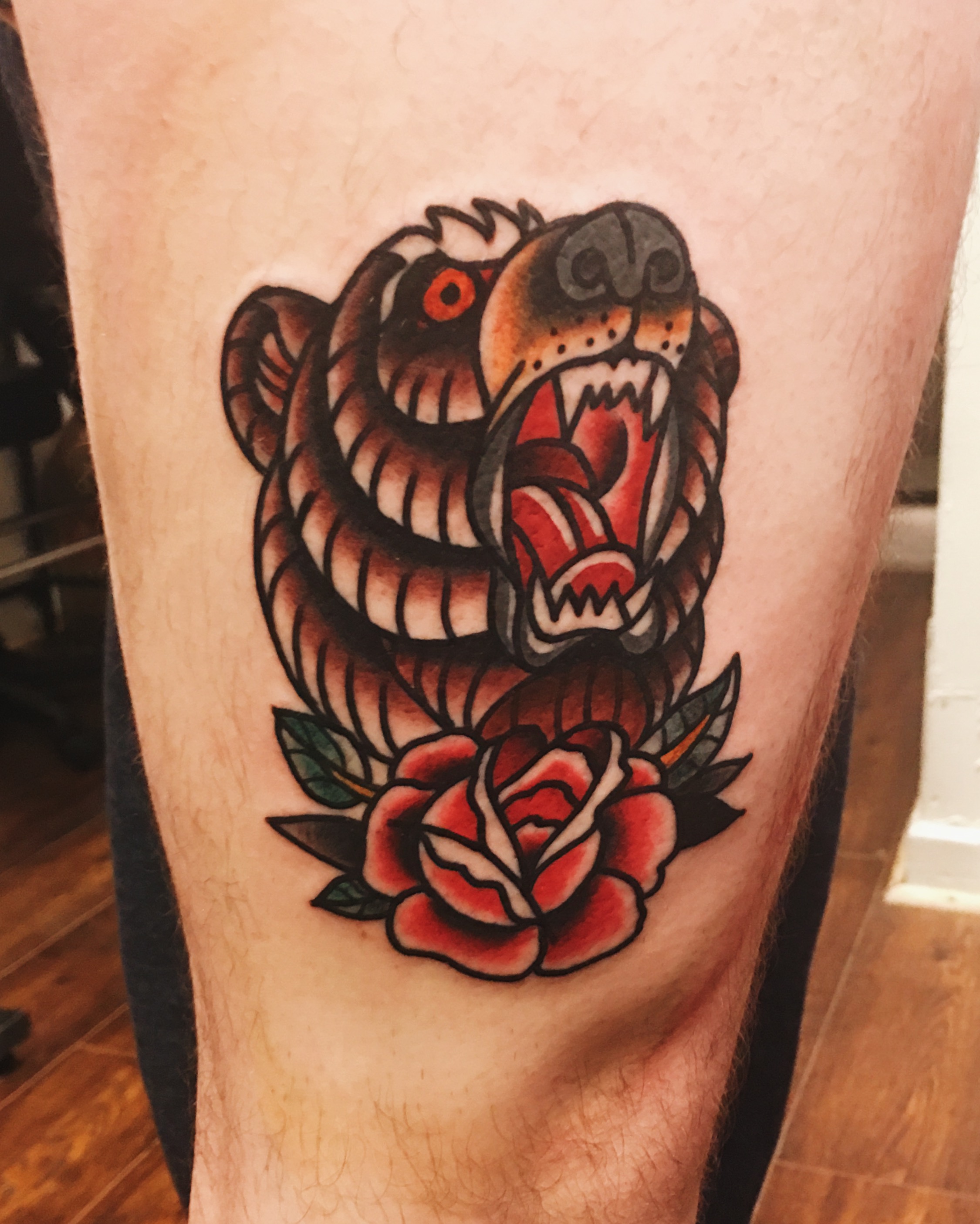 Traditional bear tattoo by German