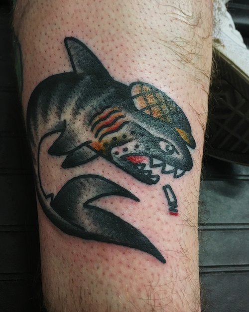 Traditional shark tattoo by German