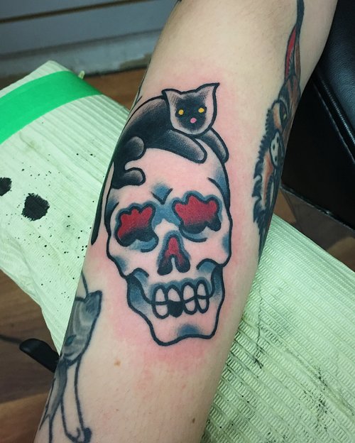 Traditional skull and cat tattoo by German