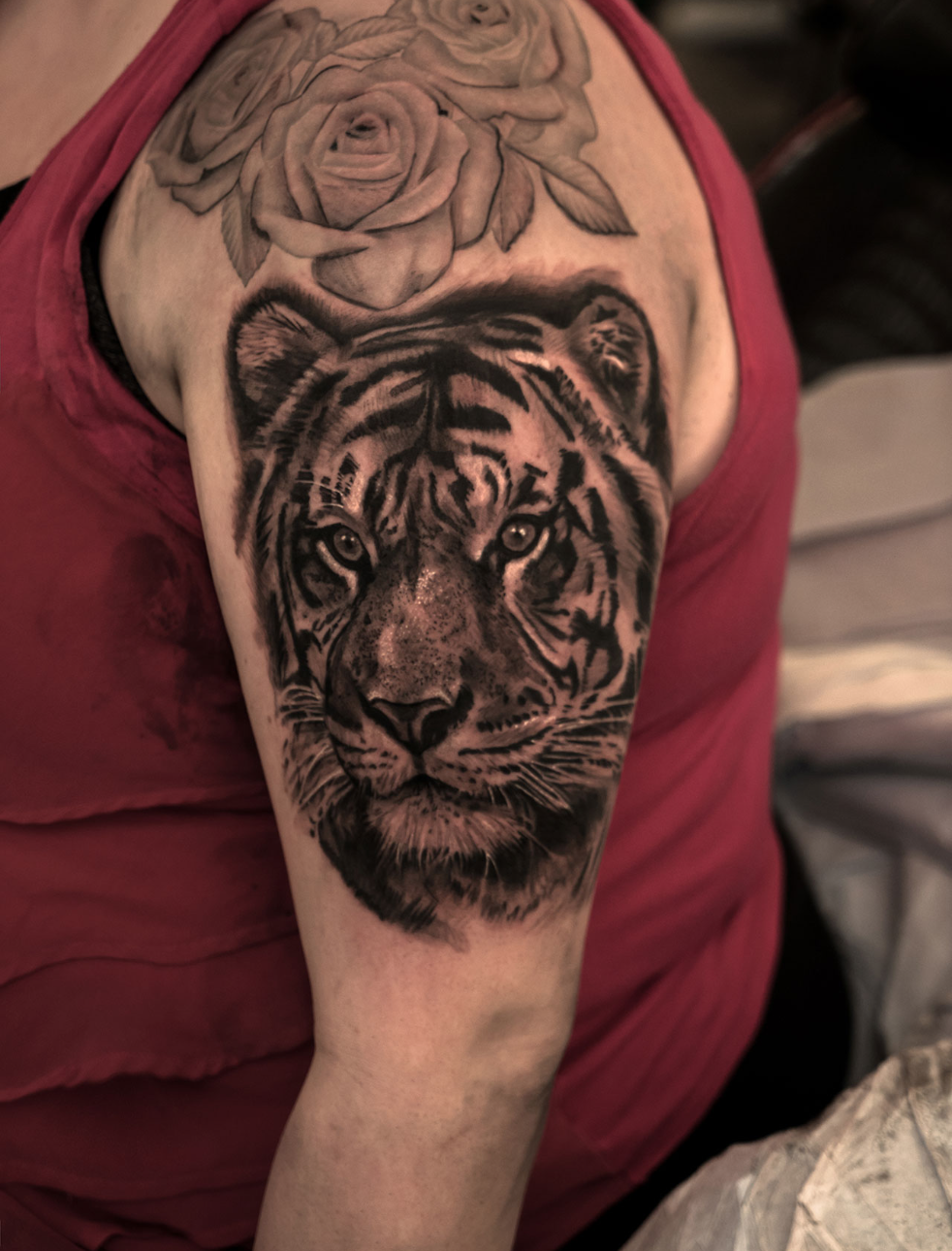 Photorealistic tiger tattoo by Scoot Ink