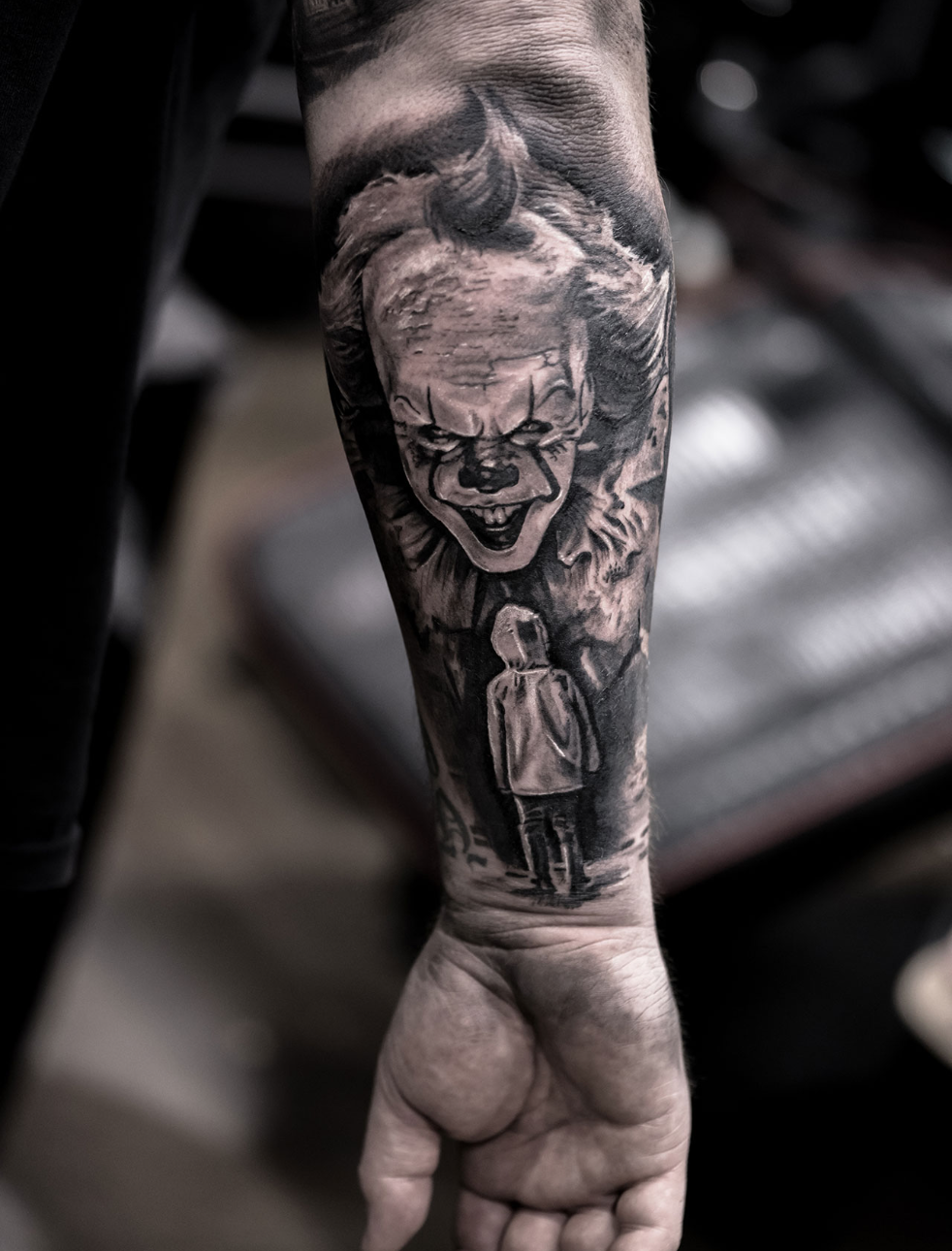 Photorealistic pennywise the clown tattoo by Scoot Ink