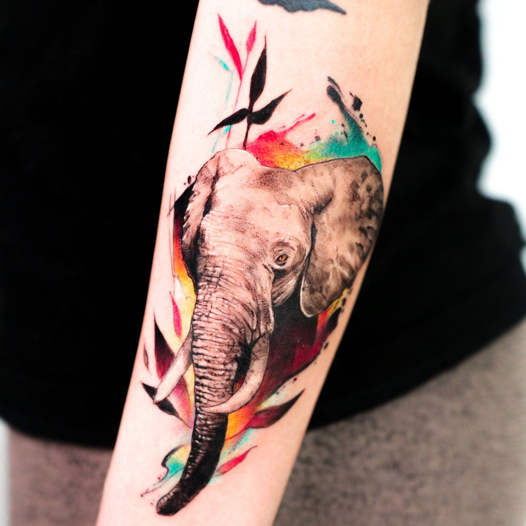 Watercolour elephant tattoo by Nico