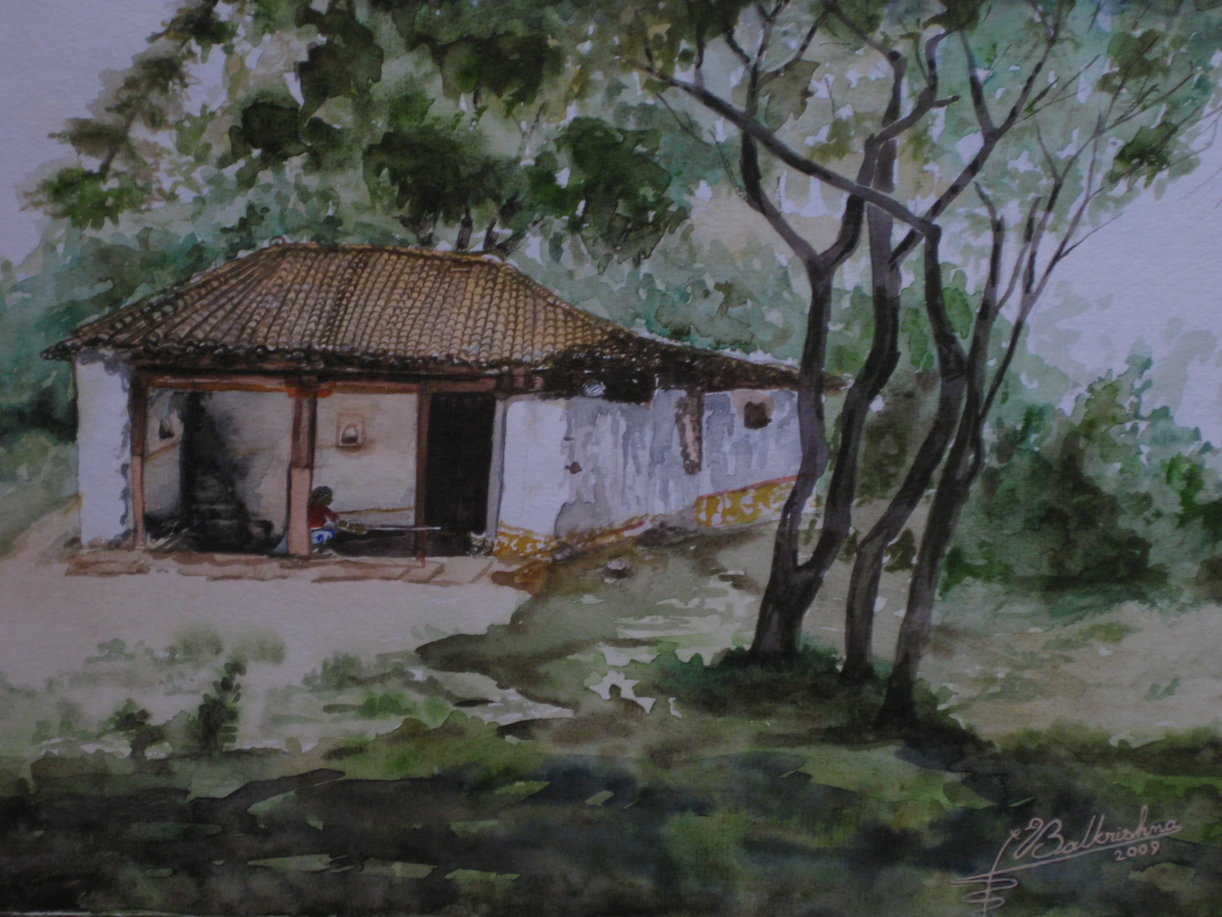 Country Home, India, Watercolor, 11x14