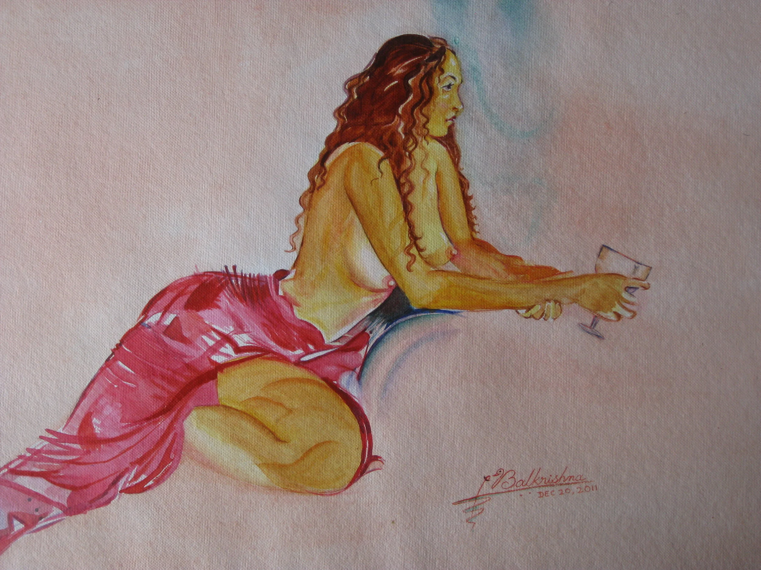 Lady with Champagne (after Paul Riley), Watercolor, 11x14