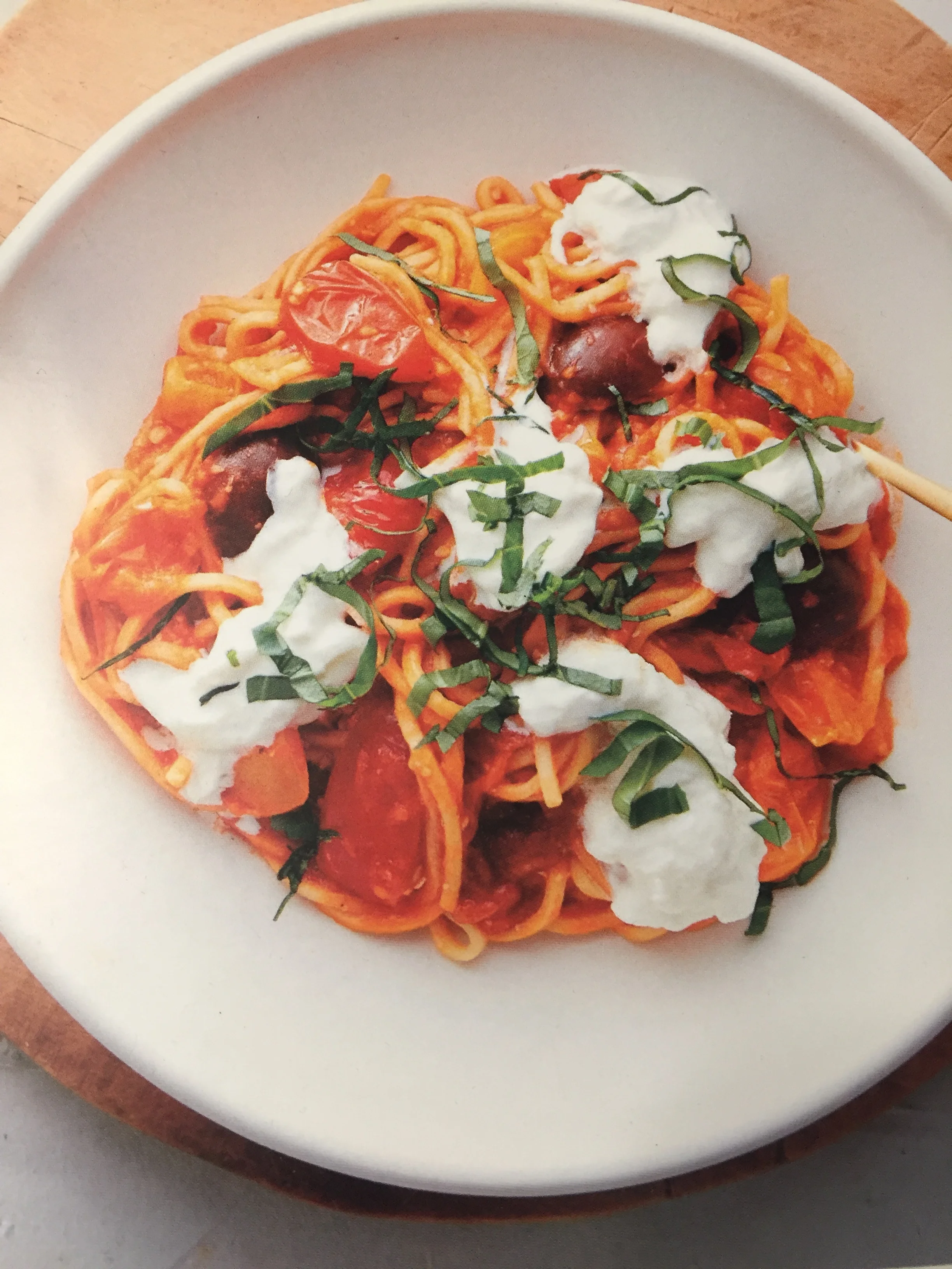 Fresh Spaghetti with Heirloom Tomatoes and Burrata