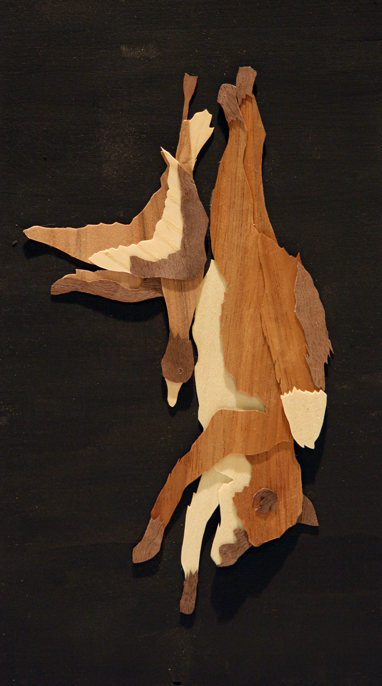 One fox and one duck<br/>2014 wood veneer 8" x 6"