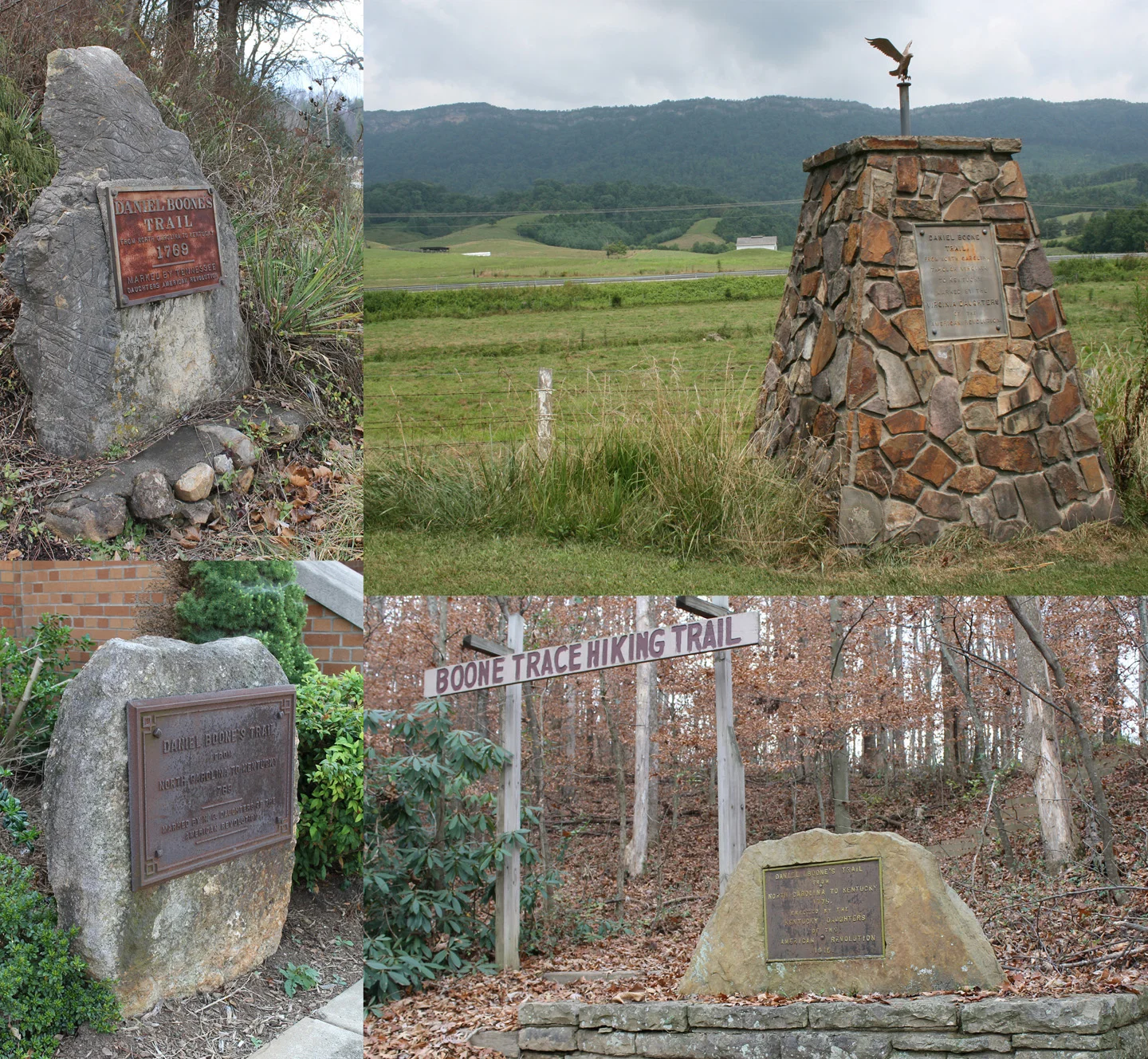 (clockwise from lower left) Yadkinville, NC, Shoan's Crossroads, TN, Rose Hill, VA, Wilderness Road State Park, KY