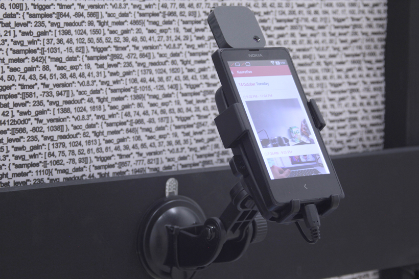 Narrative Data , Inkjet Print on Wood, Cell Phone, Narrative Clip, Narrative Clip app, and Cell Phone Holder.