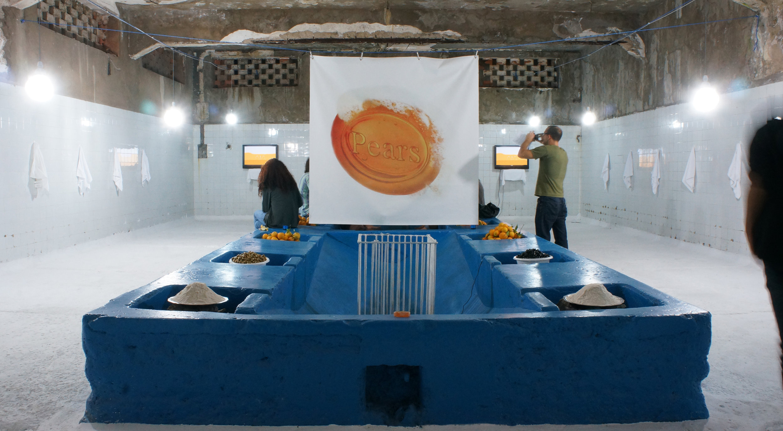 Pears' Soap vinyl banner obscuring view of bathers.