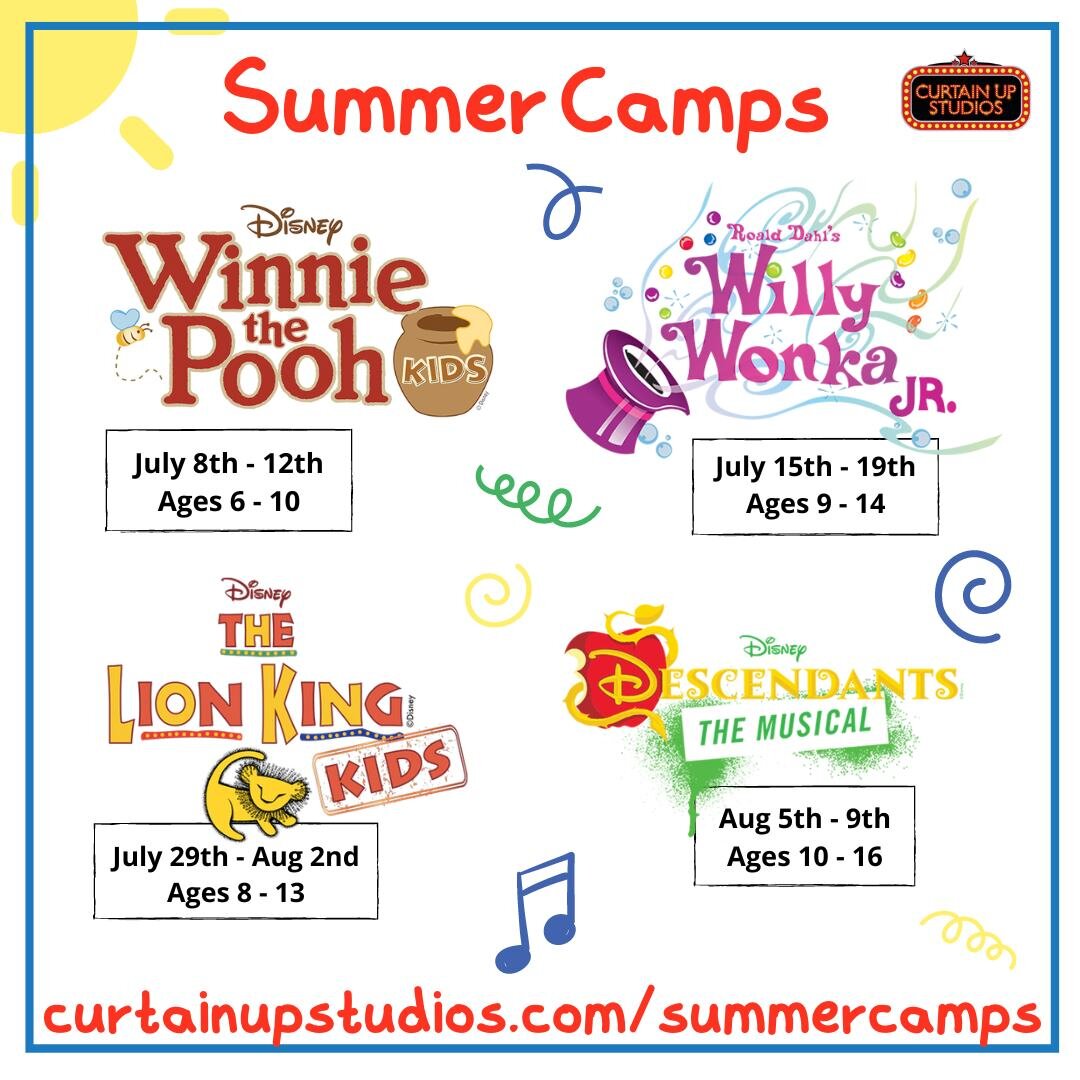 Summer Early Bird Special ends March 31st! 
Register for our⛱ Summer Camps ⛱ Today! 
Use Code SummerEarlyBird before March 31st for 10% off! 😎
.
Great titles for all ages! 🤩
.
Winnie the Pooh Kids (7/8-7/12)
Willy Wonka Jr (7/15-7/19)
The Lion King