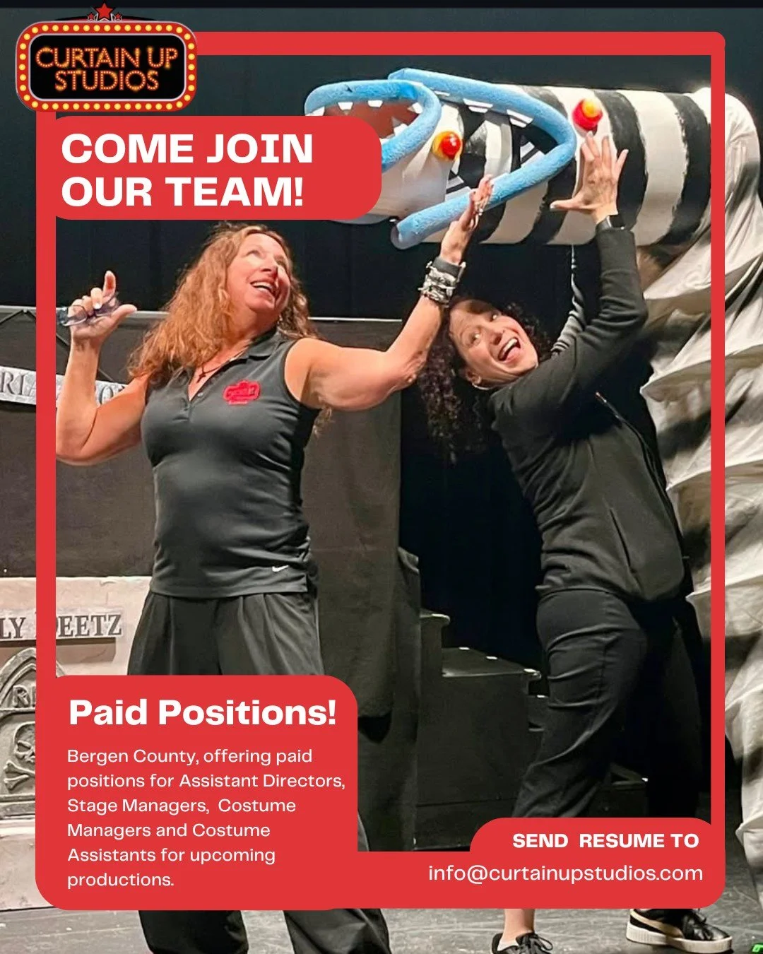 Children's Theatre Company based in Bergen County, offering paid positions for Assistant Directors, Stage Managers,  Costume Managers and Costume Assistants for upcoming productions. 

If interested, send resume to info@curtainupstudios.com 

www.cur