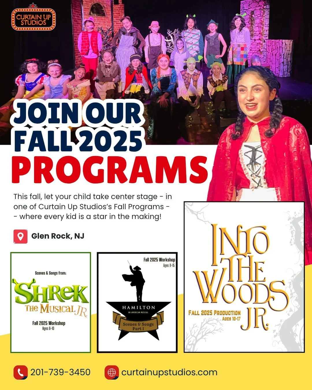 Registration is NOW OPEN for our Fall 2025 Workshops and Production!
.
Explore the world of musical theatre in our workshops/productions or sharpen your skills in an acting class or dance class! Our directing team will teach kids acting, singing, and