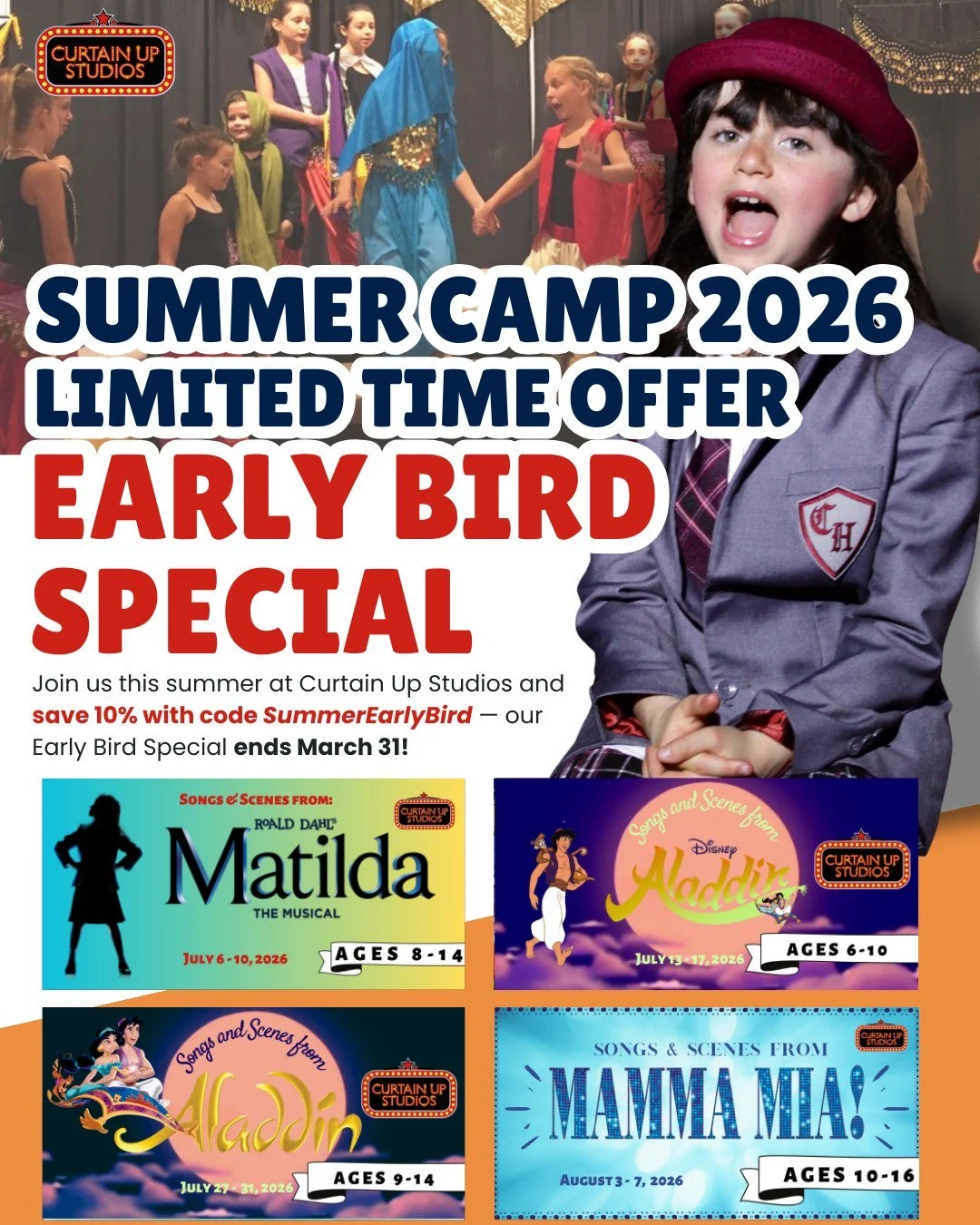 Have you heard? Summer is calling 🎭☀️

Get 10% off Curtain Up Studios Summer Camp when you register by March 31 with code SummerEarlyBird. 

HURRY Spots fill quickly! 

Head to the link in our bio for all the details and to save your spot 🎶