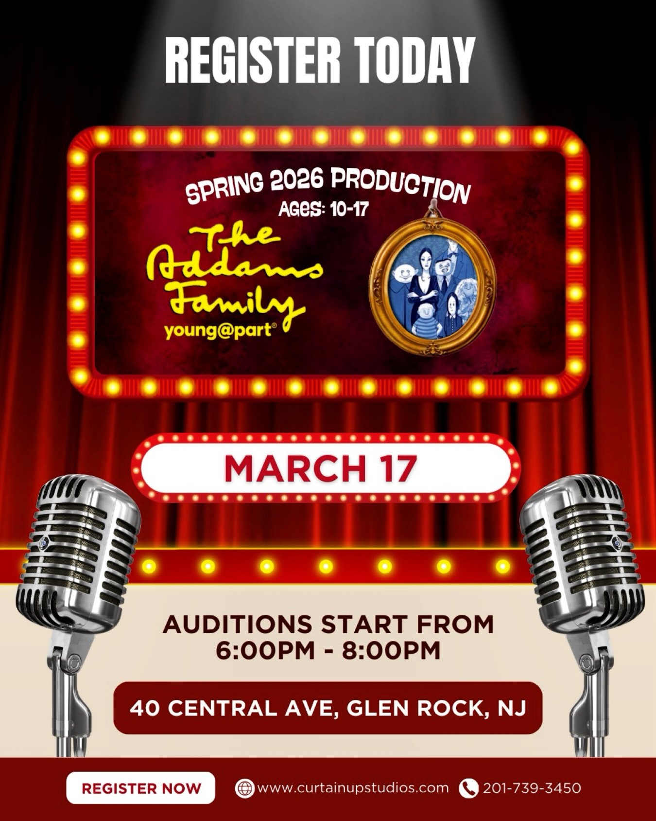 🎭 Your child belongs on this stage.

We&rsquo;re holding auditions for our Spring Mainstage Production of The Addams Family and we mean it when we say every child has a place in this show. On stage. Behind the scenes. In the crew. No experience need