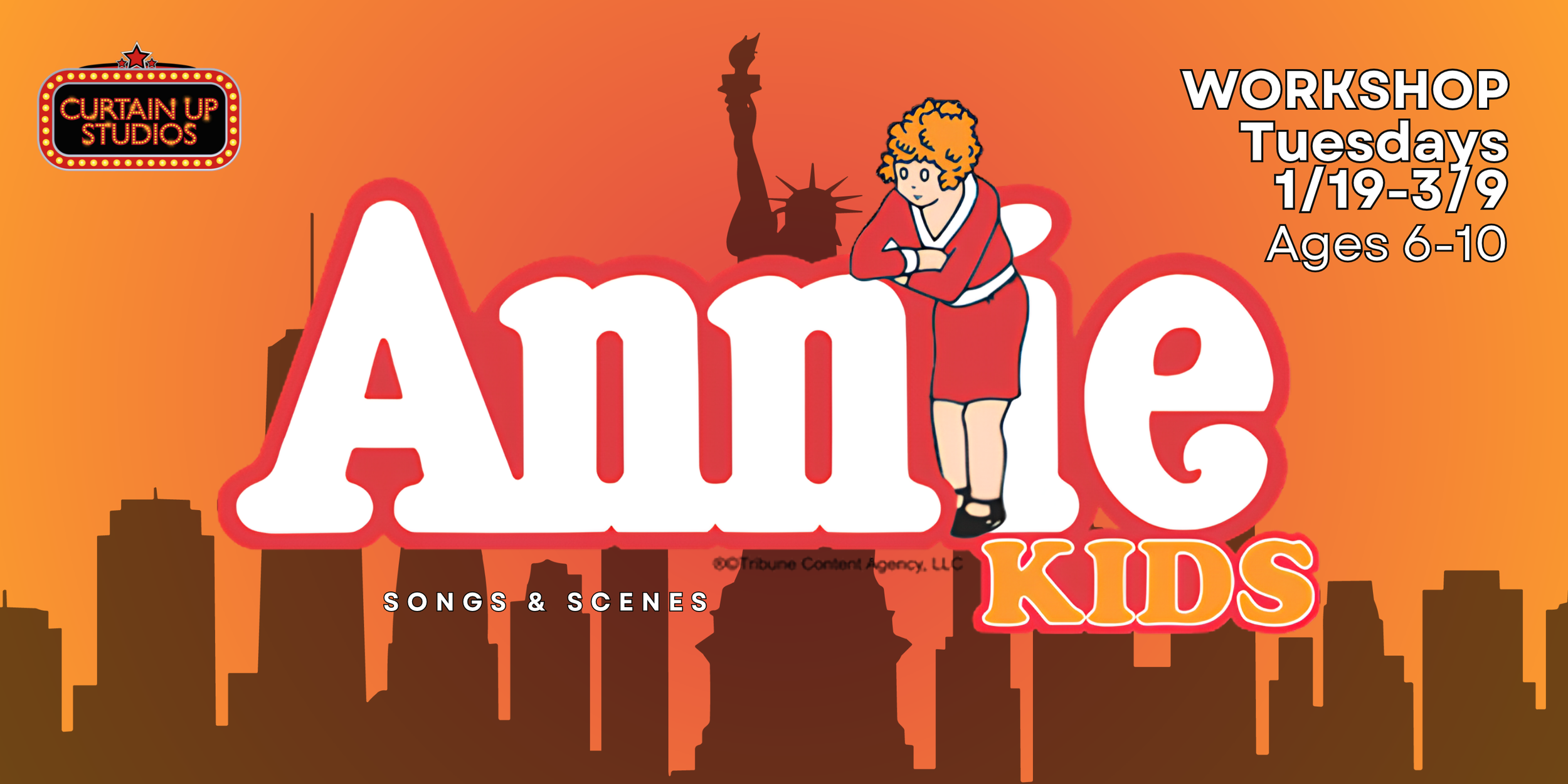 Promotional flyer for Disney's The Lion King Jr. workshop, featuring silhouettes of lions and birds, with bright colors and playful font, indicating dates and target age group.