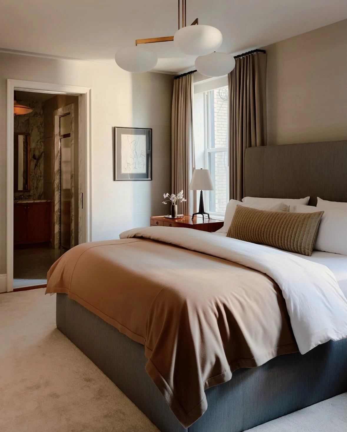 The primary suite covered in silk wallpaper by @aestheticswall and coordinating drapes @jamesharefabric  @rosehyllstudio to envelope the room. Art by a personal favorite @nuriamaria_nm @cadogangallery 

Featured in @elledecoration_es 
Photography by 