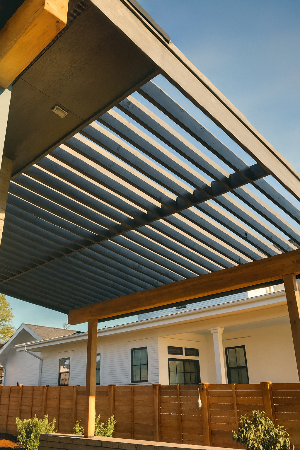 View of a backyard with a wooden pergola and a white house in the background, blue sky, and some greenery.