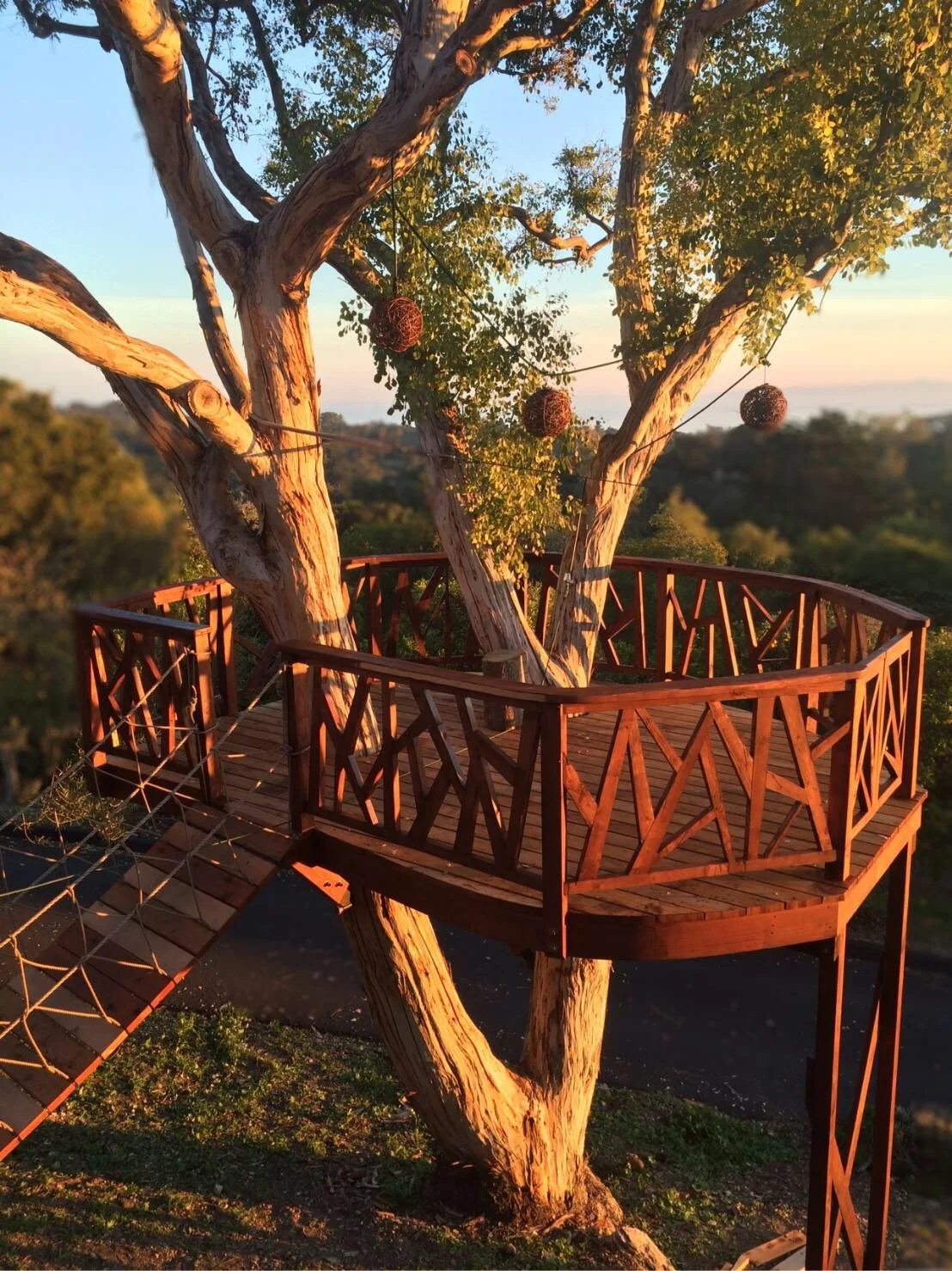 A wooden treehouse with a balcony built around a large tree with green foliage and hanging decorative balls, overlooking a landscape at sunset.