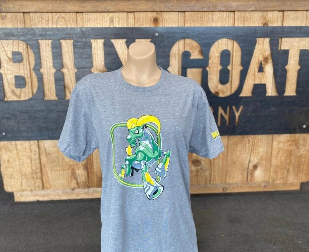 We're so stoked about our new goat Tee's, they're both comfy and stylish! Plus, Valentine's Day is coming up, and nothing says romance like RoboGoat. @billygoatbicycleco @st_louis_cycling_club #billygoat #billygoatbikes #goats #robots #greenandgold