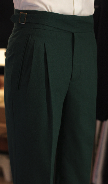 Linen Emerald green gurkha trousers bespoke made to measure made suits singapore Side Adjusters 1.png