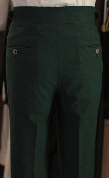 Linen Emerald green gurkha trousers bespoke made to measure made suits singapore Side Adjusters back pockets 1.png