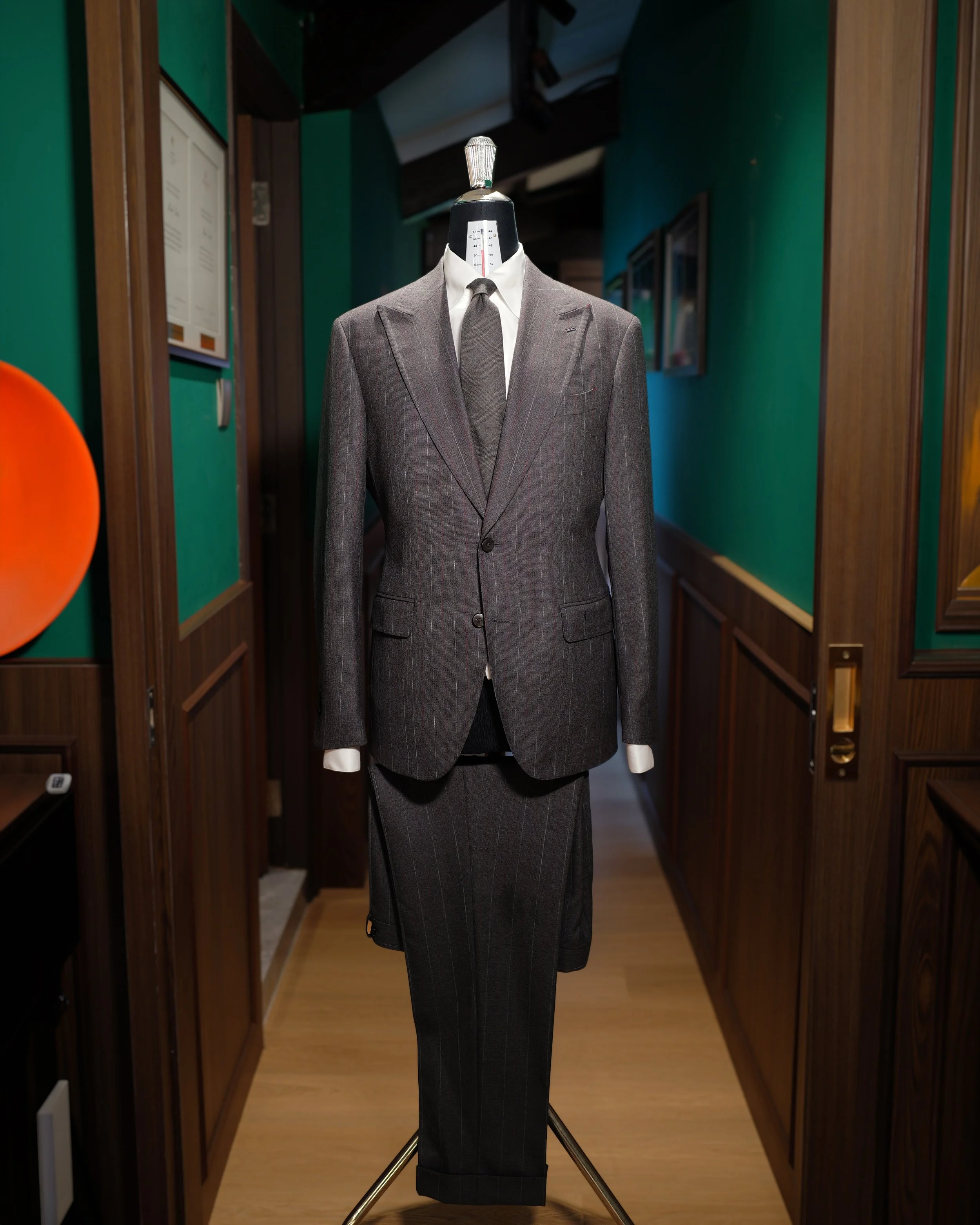 The Cartographer Grey Marling and evans pinstripe two piece suit business peakj lapel suits.JPG