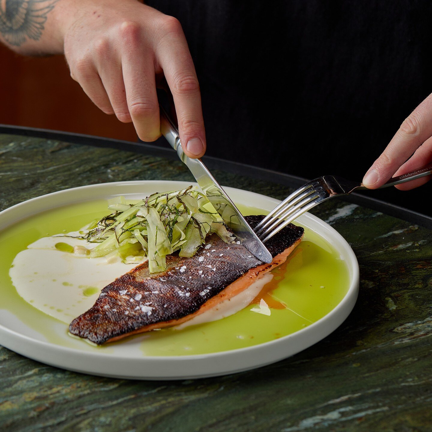 Refresh your lunch with some new and vibrant flavours. Nojee Rainbow trout with roe, celery salad &amp; almond shio koji milk is a limited time item from Michael Ryan @theprovenance on Season 3 of the Square One Rialto menu. Light yet filling, showin