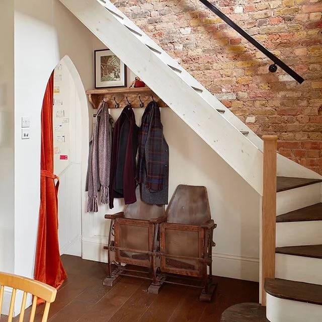 My #entrance landing: exposed #brickwall , new #staircase , #red #velvet #curtain , #cinemachairs and #coatrack - 📷Matt Clayton - #landingdesign #entrancedesign #hallway #hallwaydecor #staircasedesign #handrail