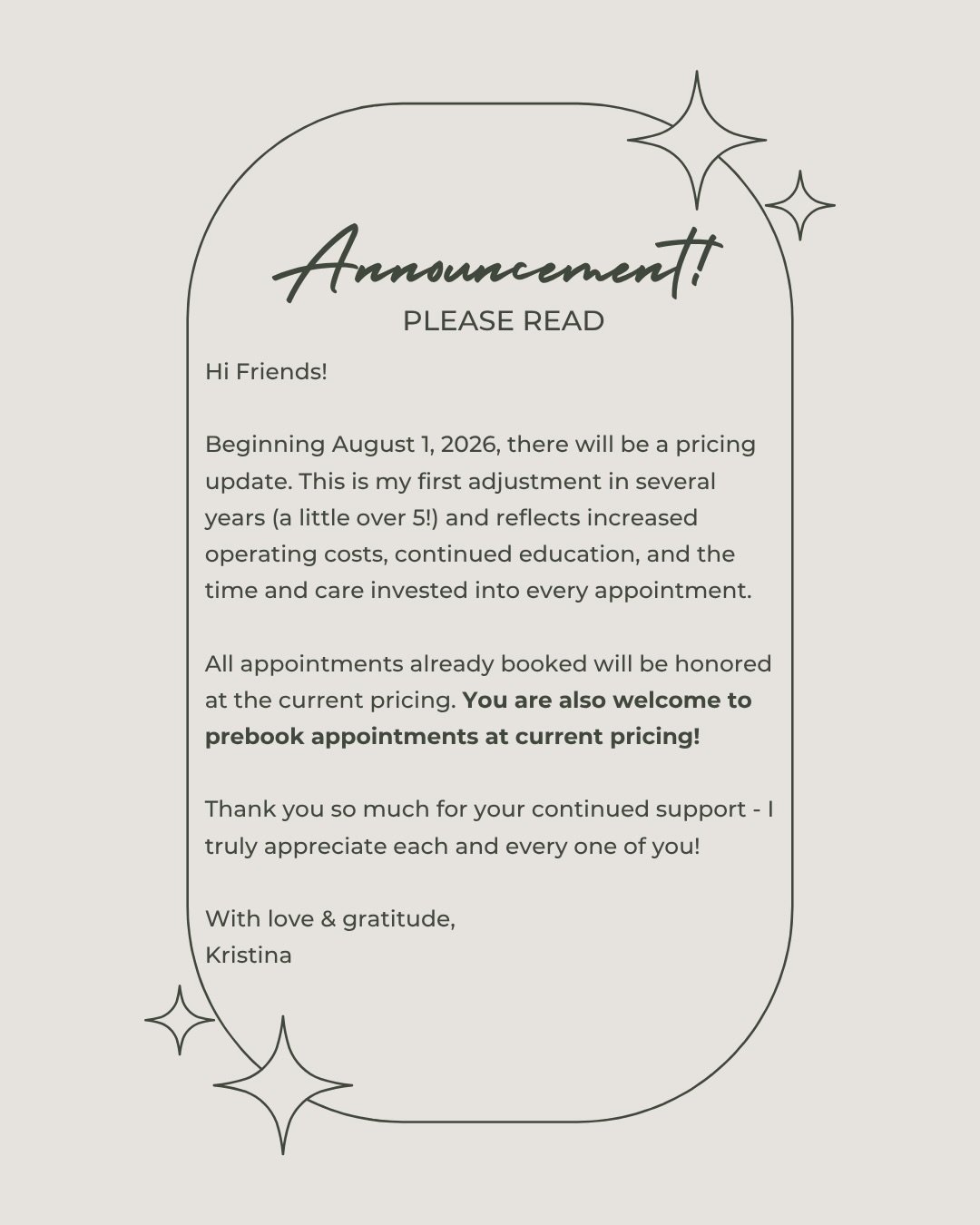 Pricing update effective 8/1/26! You are welcome to prebook your appointments to take advantage of current pricing. 
Also, for my clients who receive multiple services, I have created discounted bundles for you!! You will select this bundle when book