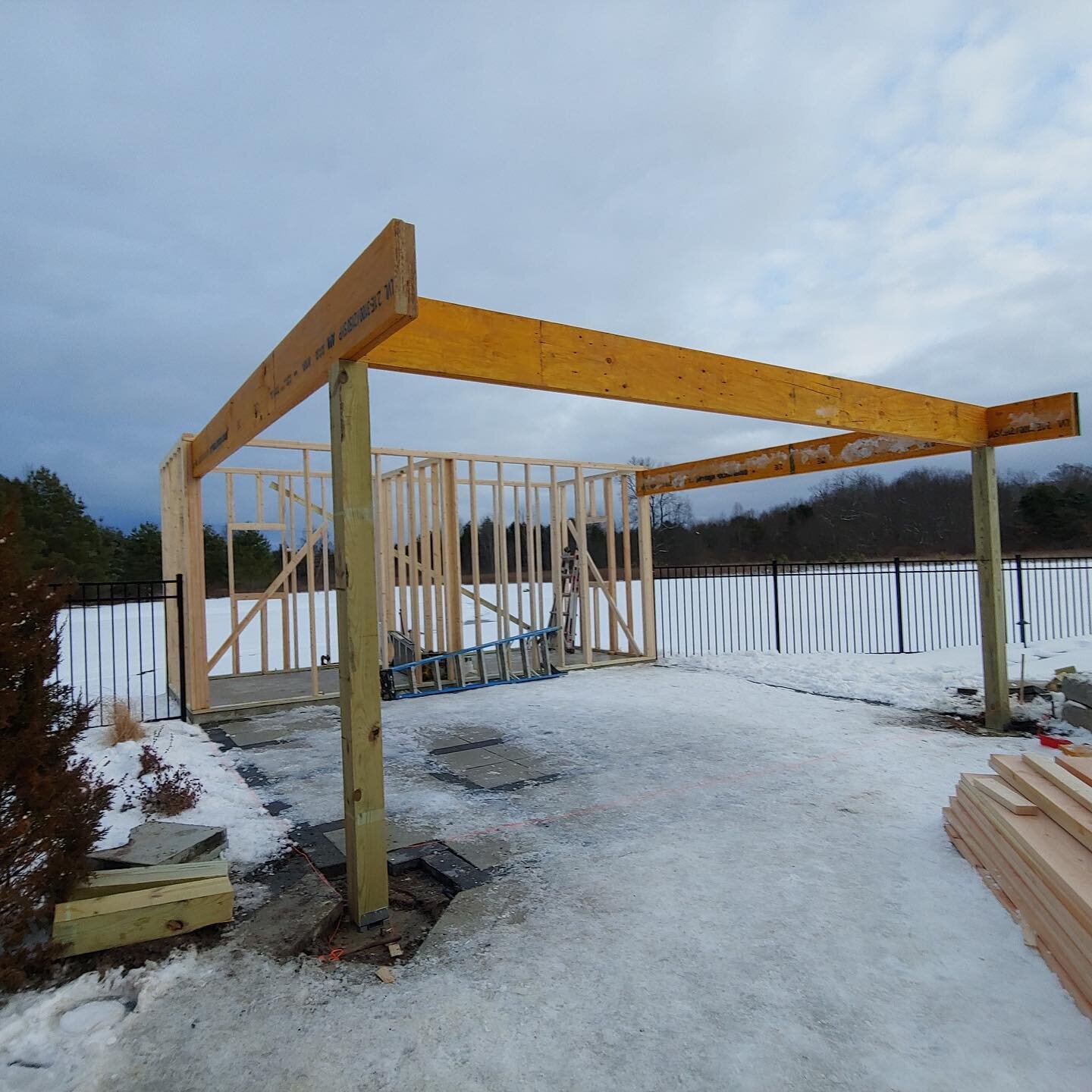 Excited to have framing underway on this custom pool house pavilion with bathroom and storage room.  The covered patio space is huge!