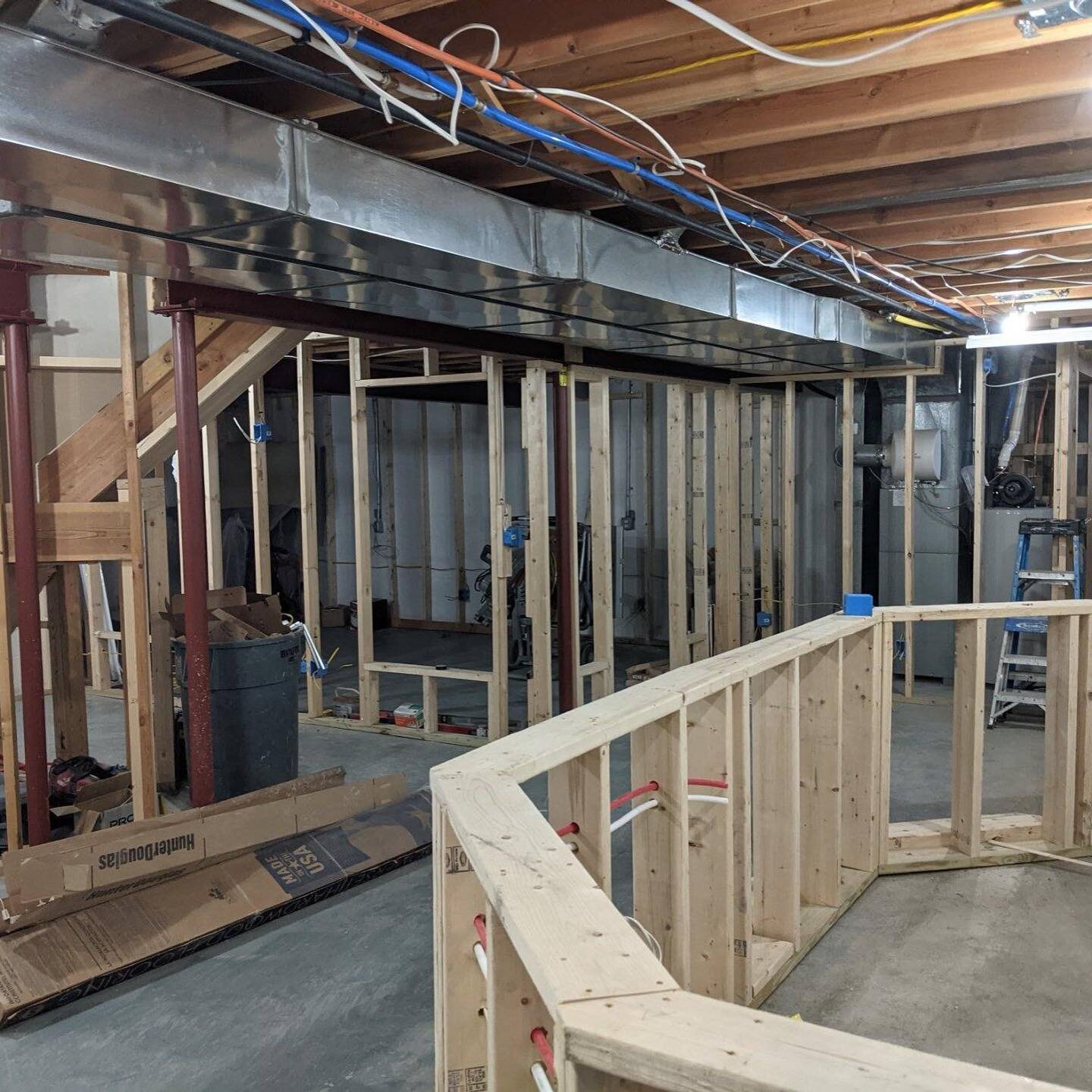 Large custom bar and finishing basement project.  We are exciting to see how this one takes shape.  Client has planned an awesome pub style look. Drywall starting tomorrow.