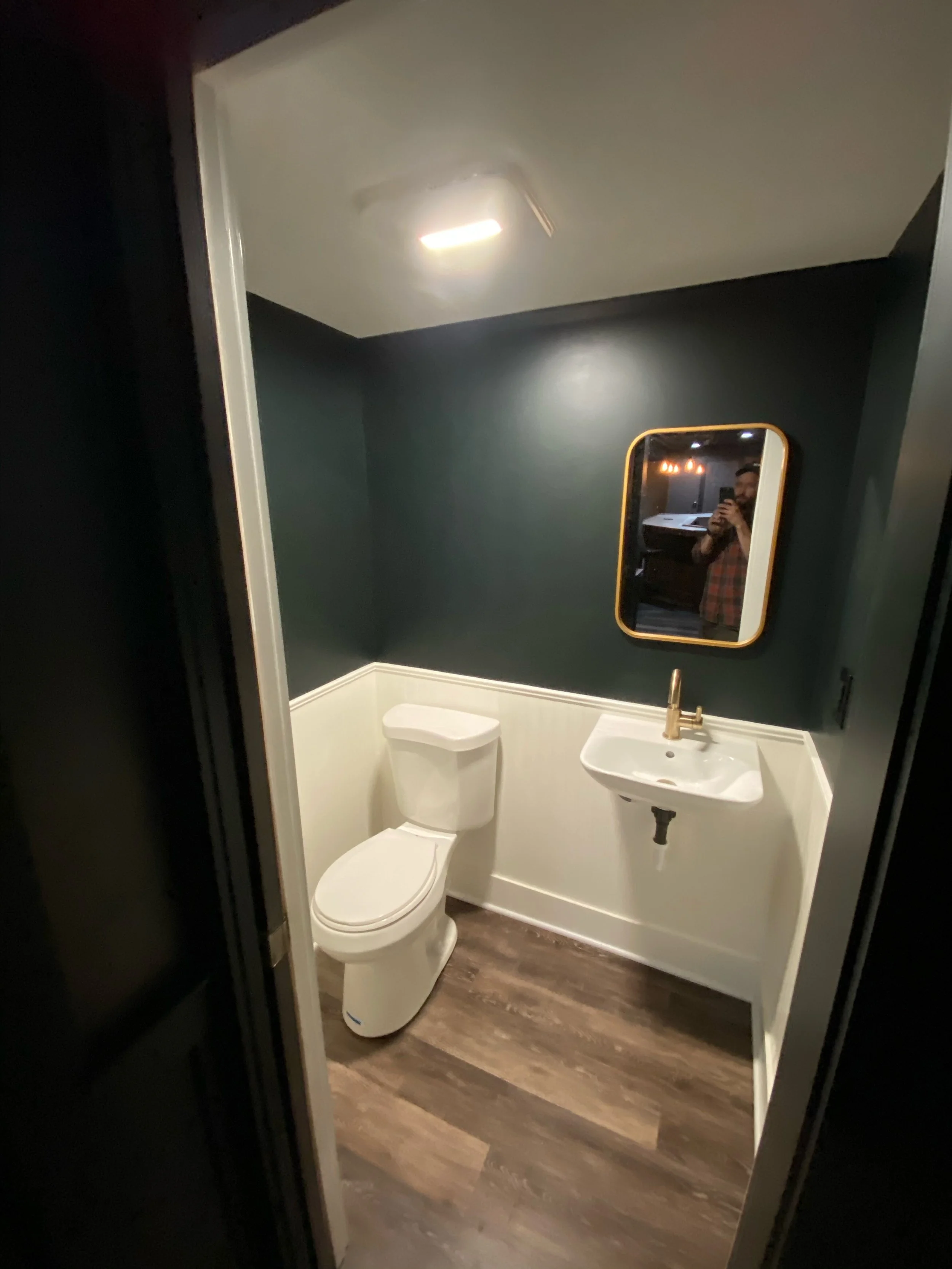 Small bathroom with dark green wall, white toilet and sink, gold mirror, and wood floor.