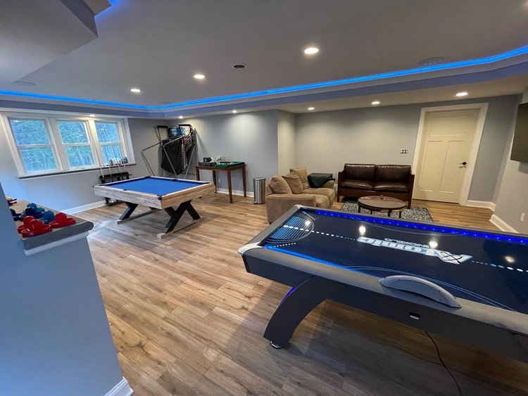 Basement finishing Syracuse NY game room with pool table and recessed lighting
