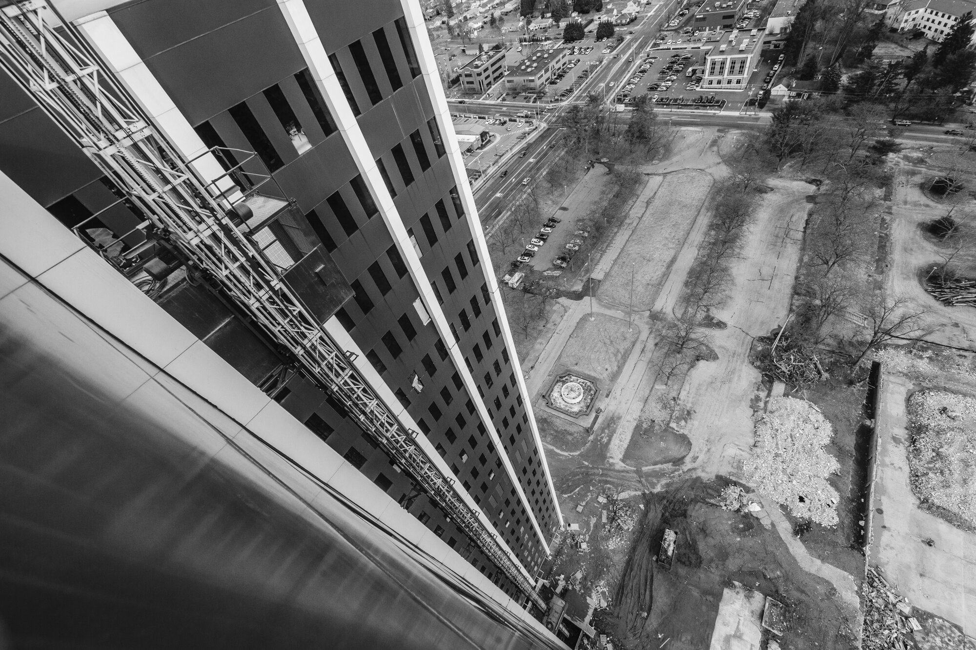  In this view the freight elevator is visible that allowed access to all of the tower’s floors as the main elevator shaft was being used to funnel demolition debris to the main floor. 