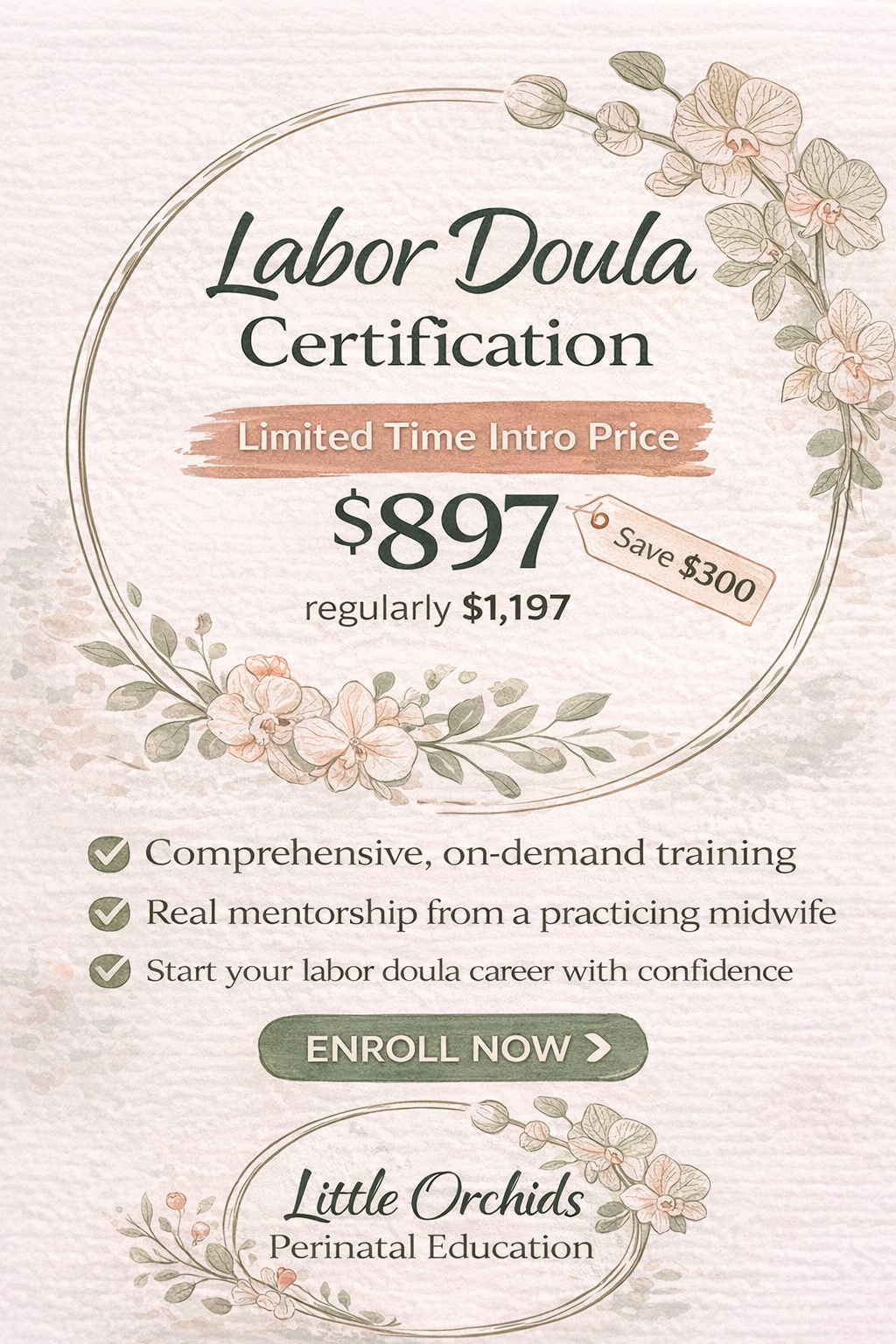 Labor Doula Certification advertisement with floral design, offering a limited-time introductory price of $897, saving $300 from the regular price of $1,197, promoting comprehensive training and mentorship from a midwife, with a call to action to enroll now.