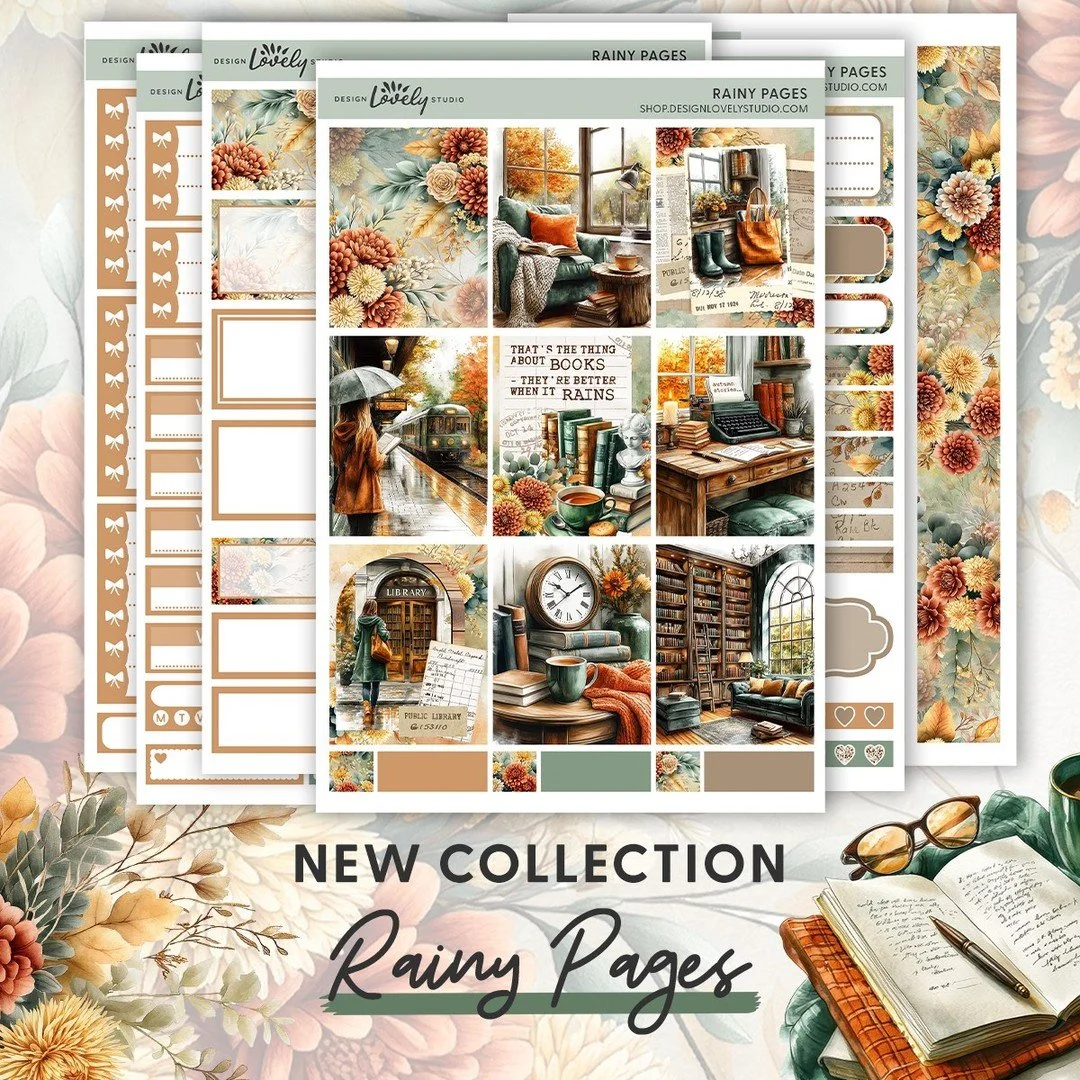 📚 Rainy Pages Is Live! 📚⁣
⁣
Fall leaves, rainy afternoons, and a cozy book in hand&hellip; the Rainy Pages Collection brings all that autumn magic to your planner spreads! ☔🍂⁣
⁣
Featuring weekly, monthly, and journaling kits, this collection is pe