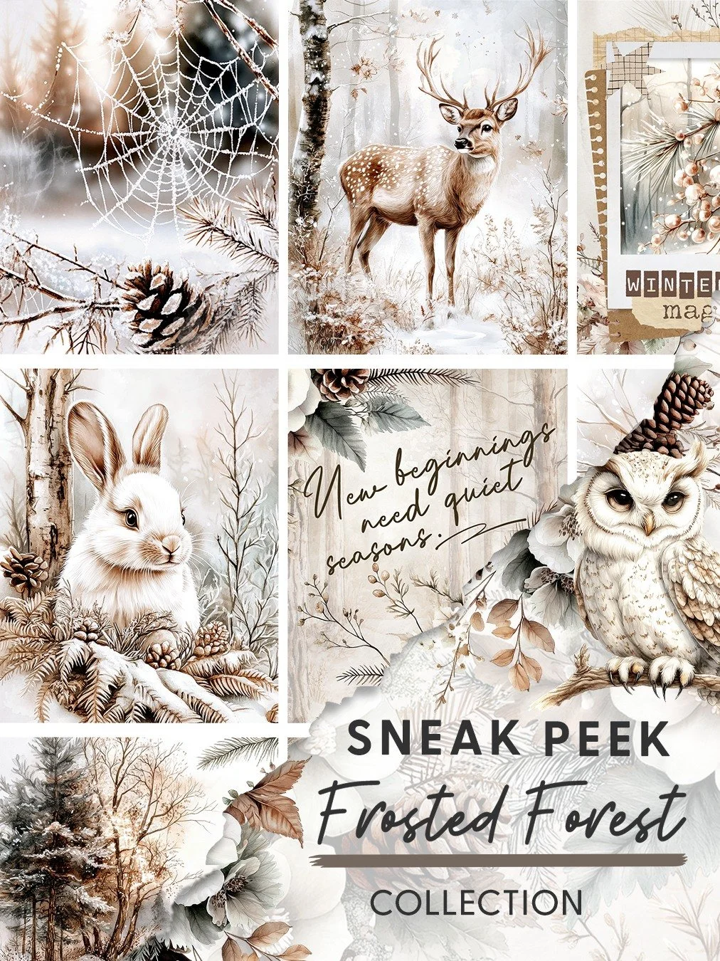 ❄ Sneak Peek Time! ❄⁣
⁣
Meet the Frosted Forest Collection &mdash; a calm winter wonderland filled with woodland animals, pine branches, and frosty morning magic. 🦌🦉🐇⁣
⁣
This new kit celebrates the quiet beauty of winter &mdash; soft colors, gentl