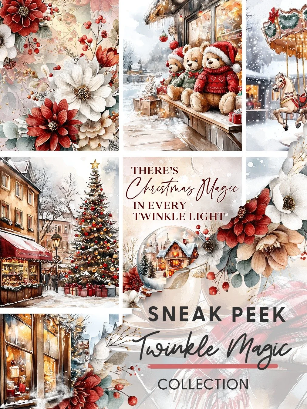 🎁 Sneak Peek of Pure Holiday Joy! 🎁⁣
⁣
Here&rsquo;s a first look at the Twinkle Magic Collection &mdash; where every twinkling light and Christmas street corner sparkles with warmth and nostalgia. ✨🎄⁣
⁣
Think snowy shop windows, festive blooms, co