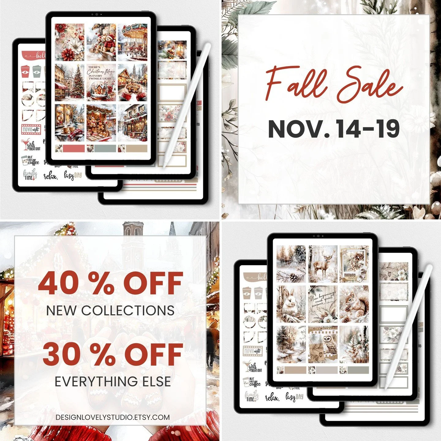 For anyone who plans digitally &mdash; Design Lovely Studio has you covered too!⁣
⁣
My Goodnotes-ready and PNG digital planner stickers are also part of the Fall Sale.⁣
New releases are 40% off, and everything else is 30% off through Nov 19.⁣
⁣
Shop 