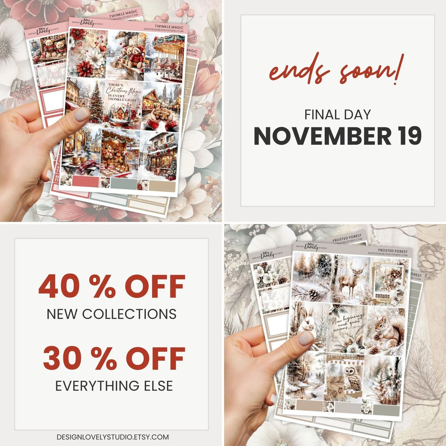 🍁 Mid-Sale Reminder! 🍁⁣
⁣
The Fall Sale is still going &mdash; 40% off the new winter collections and 30% off everything else through November 19.⁣
⁣
If you&rsquo;ve been wanting to grab Frosted Forest or Twinkle Magic, now&rsquo;s the perfect time