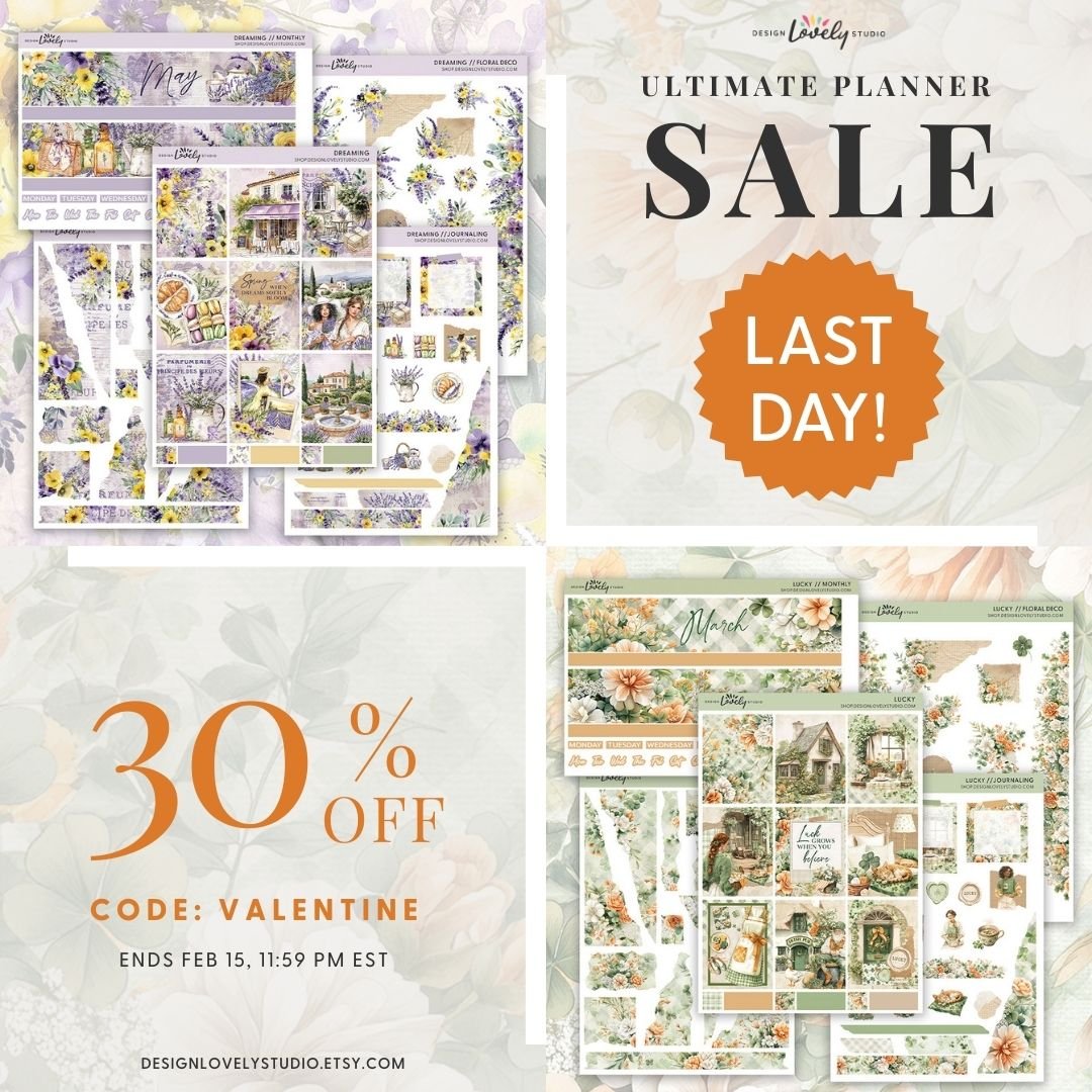 It&rsquo;s the last day of the Ultimate Planner Sale 🍀💜⁣
⁣
Everything in my shop is still 30% off, including the two newest printable and digital planner sticker collections.⁣
⁣
The discount ends tonight at 11:59 PM EST.⁣
⁣
If something&rsquo;s bee