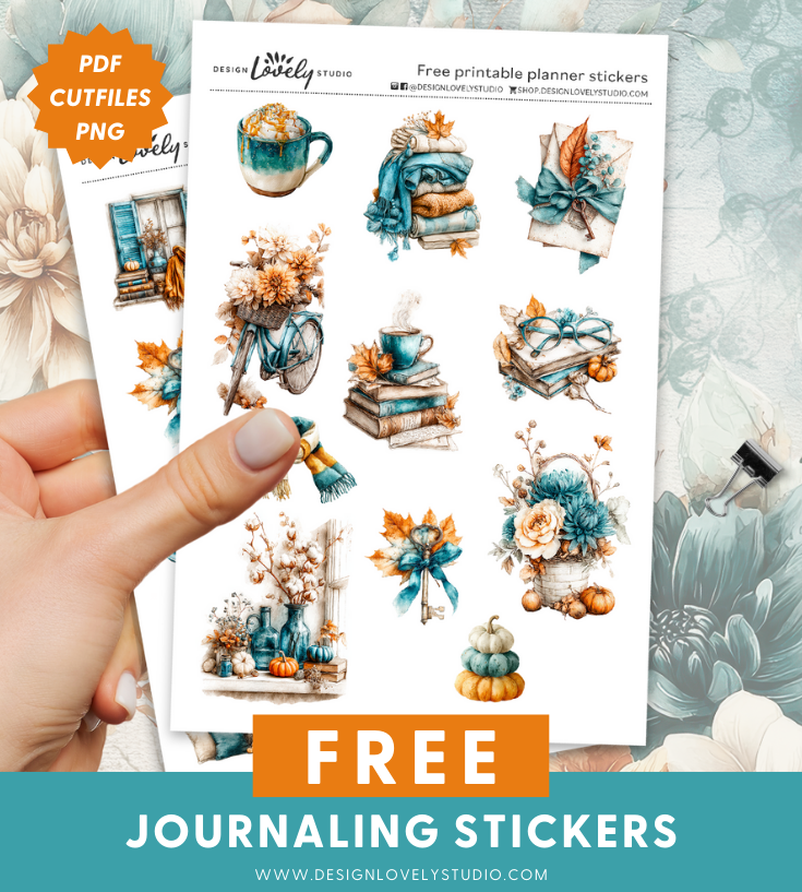 Free fall journaling decorative stickers sheet with pumpkins, books, mugs, leaves, and autumn accents