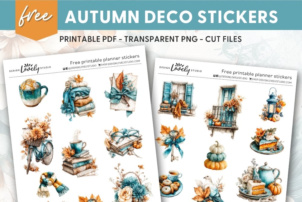 Free fall journaling decorative planner stickers with watercolor pumpkins, leaves, and cozy autumn accents for printable planners and journals.