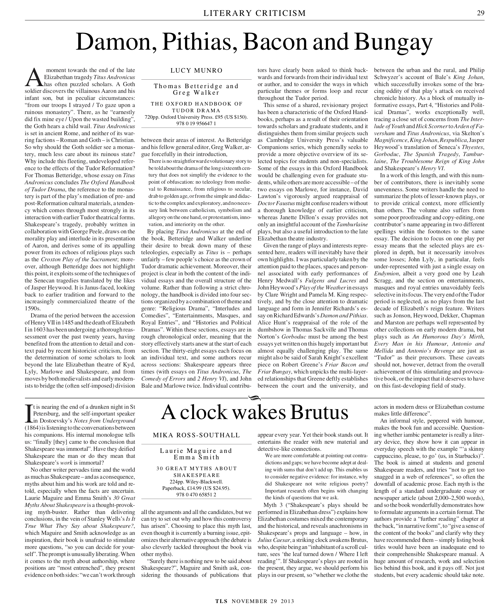 The Times Literary Supplement, 29 November 2013. "A clock wakes Brutus"