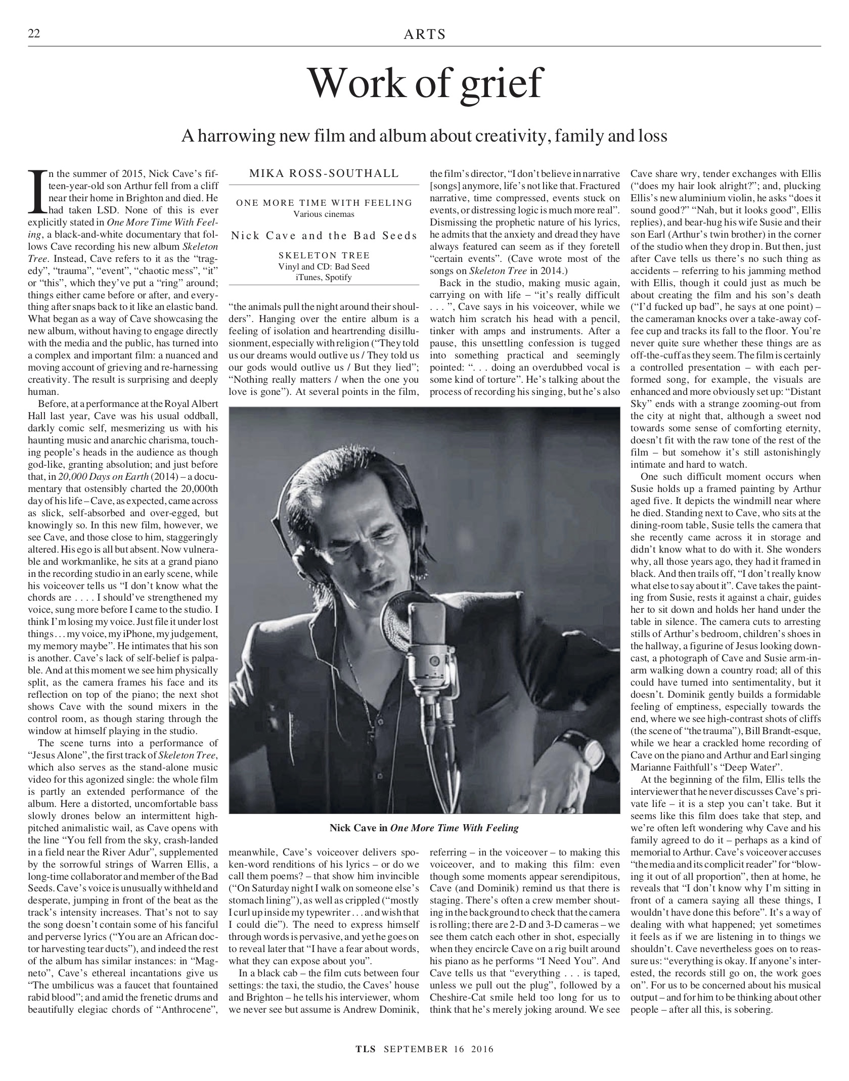 The Times Literary Supplement, 16 September 2016. "Work of grief, Nick Cave"