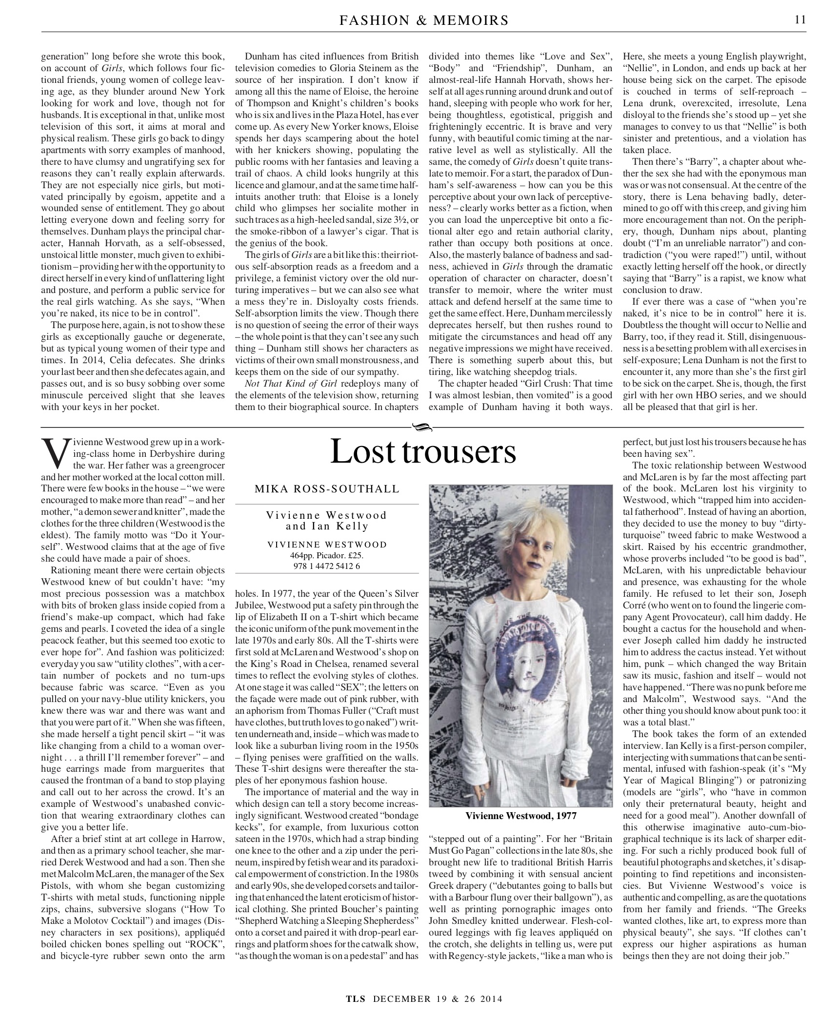 The Times Literary Supplement, 19 &amp; 26 December 2014. "Lost trousers, Vivienne Westwood"