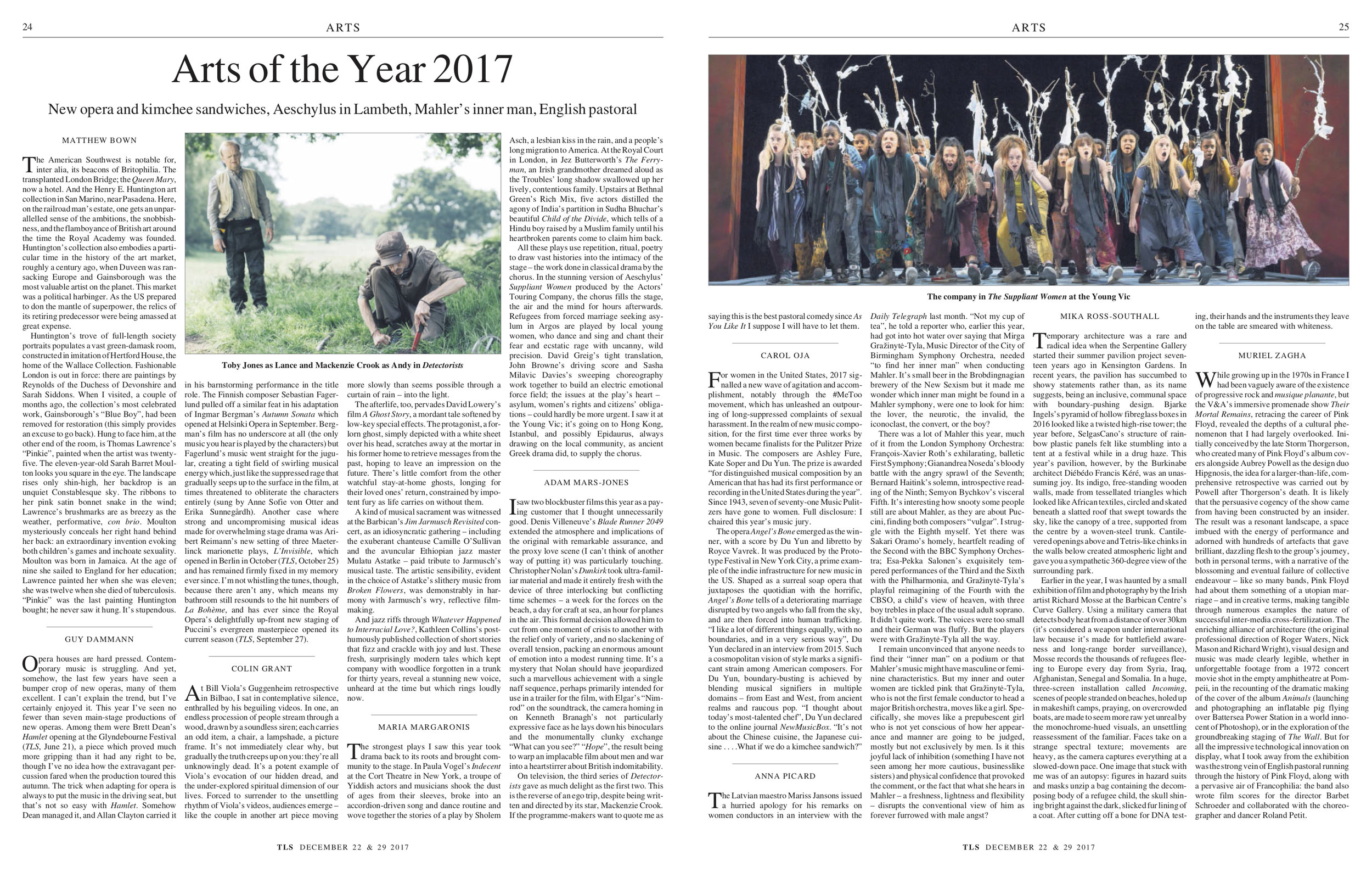 The Times Literary Supplement, 22 &amp; 29 December 2017. "Arts of the Year"