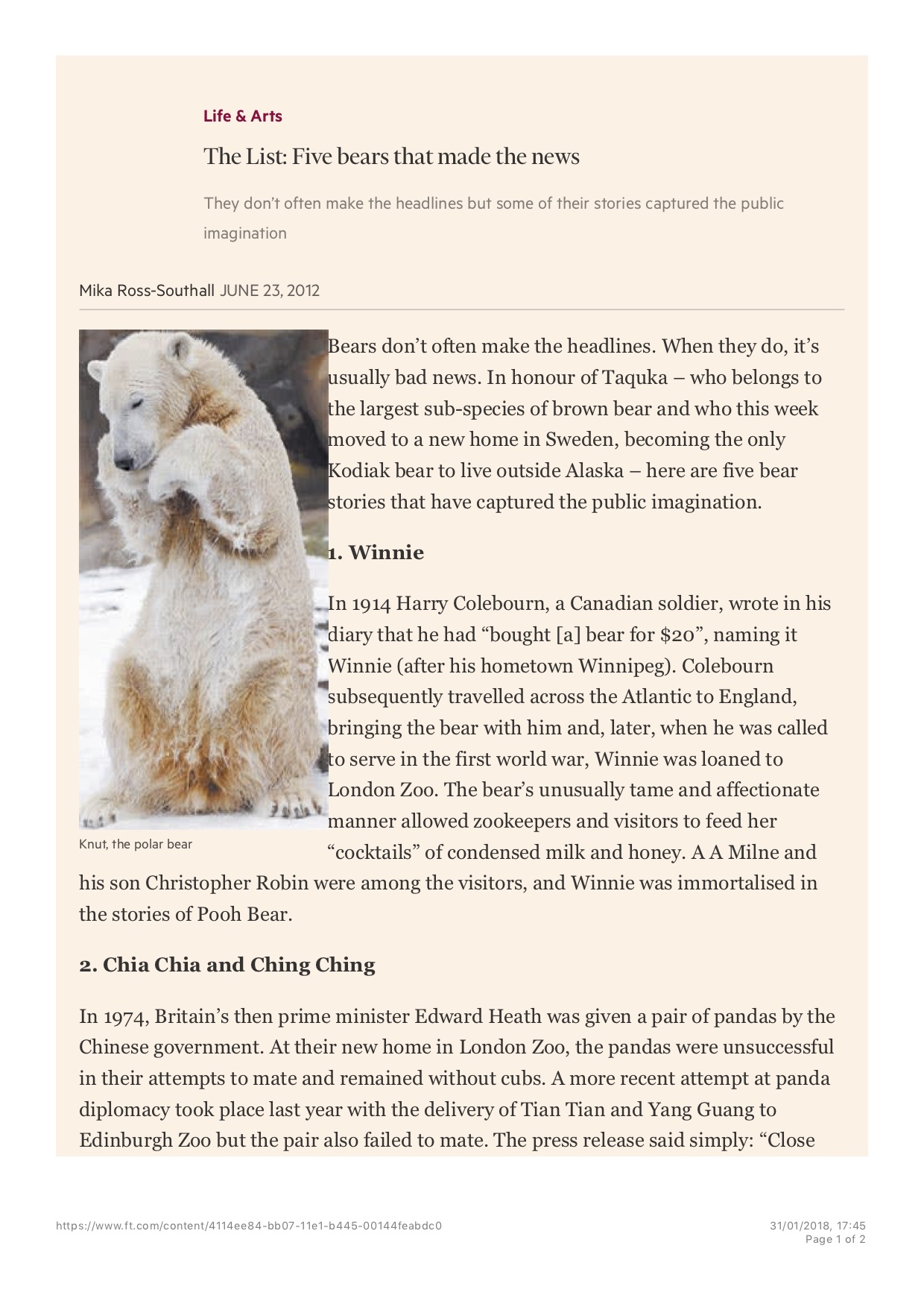 FT Weekend, 23 June 2012. "The List: Five bears that made the news"