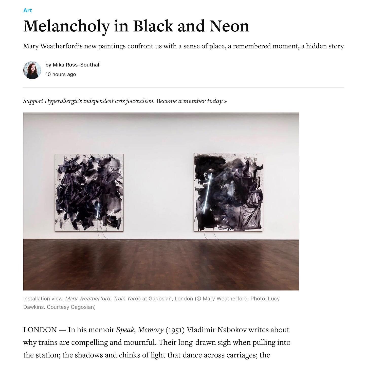 I wrote a piece for @hyperallergic about Mary Weatherford&rsquo;s huge, melancholic black and neon paintings at the @gagosian ◼️◽️◼️◽️◼️ Link to the piece on my website in bio
.
.
.
#mika_ross_southall #studio #hyperallergicmagazine #culturaljournali