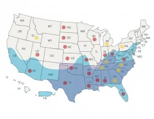 In Blue is the range of the Aedes aegypti mosquito, carrier of the Zika virus; states highlighted in Purple constitute the Bible Belt; Yellow dots are states hostile to abortion, with 4-5 abortion restrictions in law; Red dots are states extremely hostile to abortion, with 6+ abortion restrictions in law. Data from the Center for Disease Control, Guttmacher Institute, and a 2011 Gallup poll on religious attitudes by state.